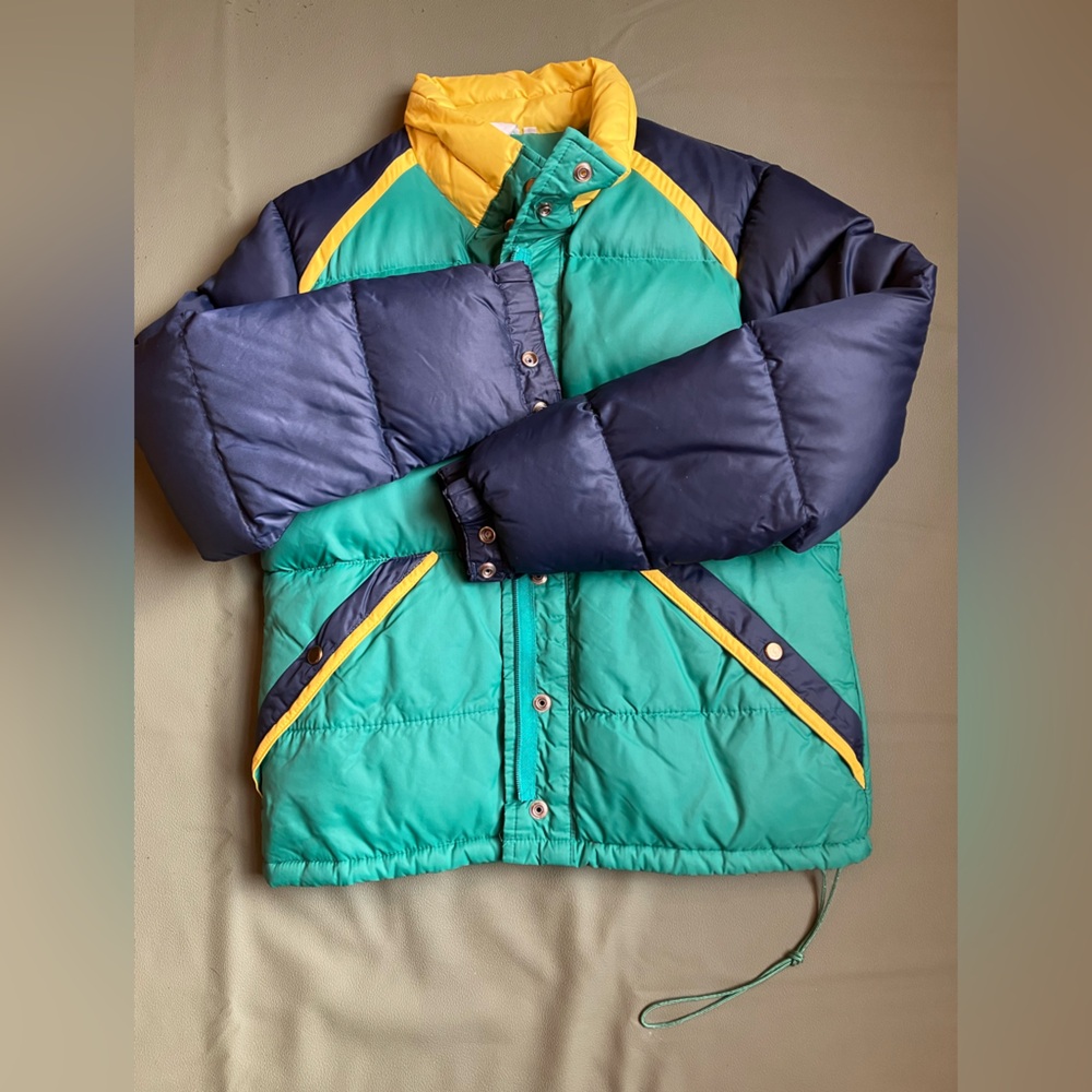 Vintage Aspen Colorblock Down Puffer Jacket Teal Green Navy Yellow 80s Ski M